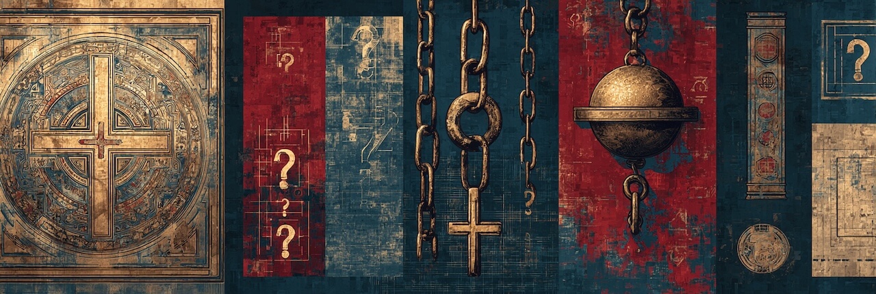 A byzantine stylized cross with chains and question marks.