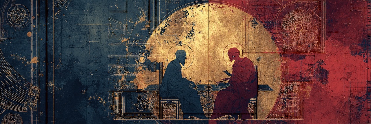 A byzantine depiction of two figures seated side by side, one in light and the other in shadow