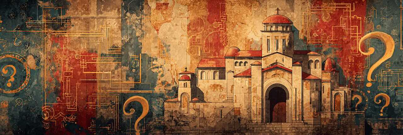 A stylized Russian Orthodox church surrounded by question marks